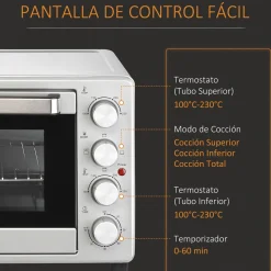 Horno eléctrico de sobremesa Andrómeda Homcom 1600W 3 modos de cocción 32L plata 33,5x38,1x52 cm