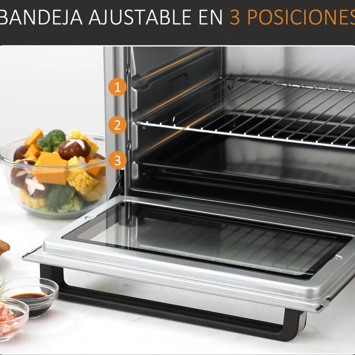 Horno eléctrico de sobremesa Andrómeda Homcom 1600W 3 modos de cocción 32L plata 33,5x38,1x52 cm