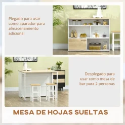 Isla de cocina Colina Homcom con ala abatible 4 compartimentos + armario blanco/natural 91x116x79,5 cm