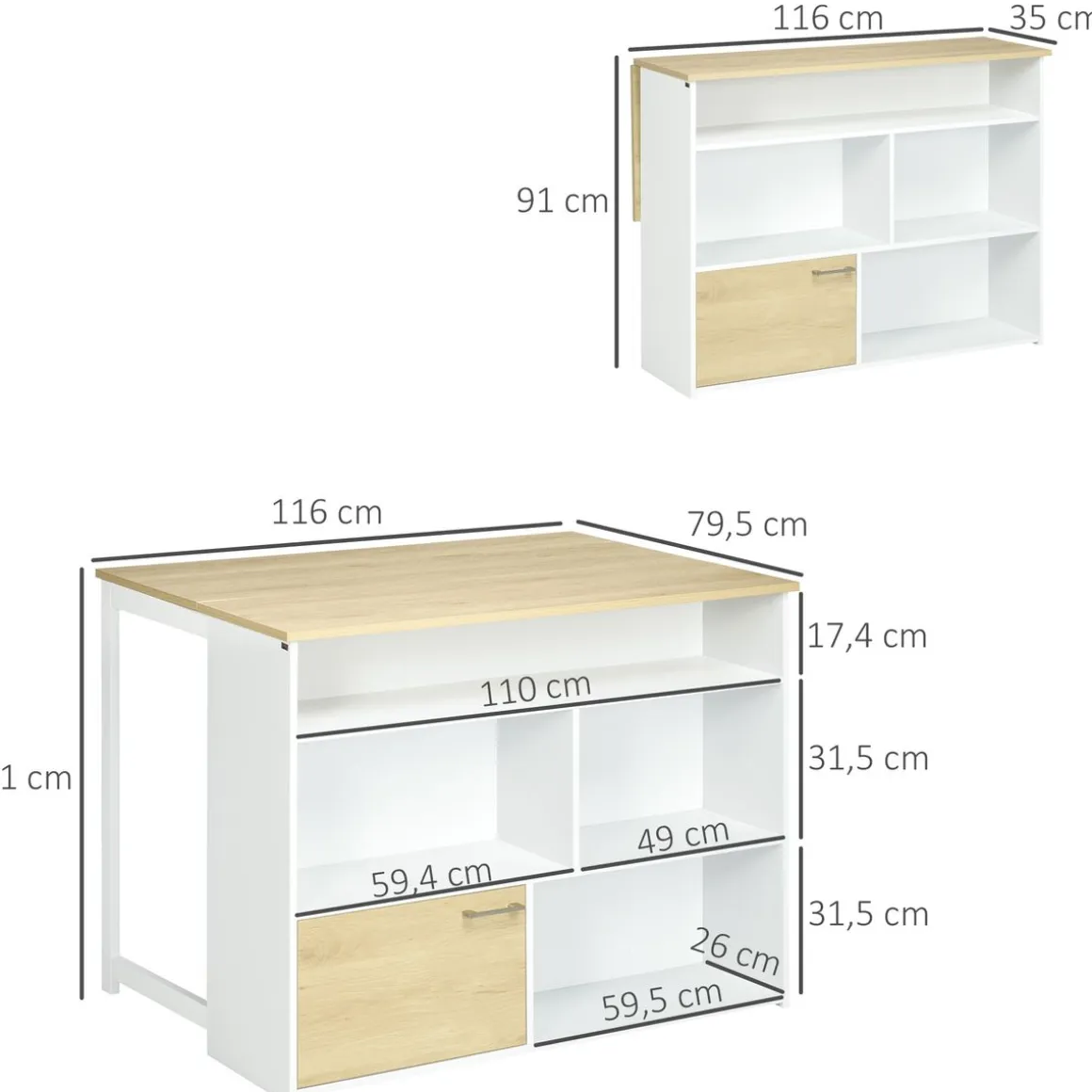 Isla de cocina Colina Homcom con ala abatible 4 compartimentos + armario blanco/natural 91x116x79,5 cm