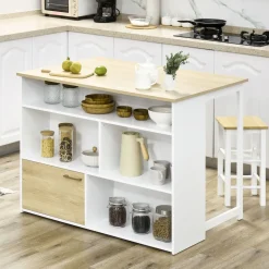 Isla de cocina Colina Homcom con ala abatible 4 compartimentos + armario blanco/natural 91x116x79,5 cm