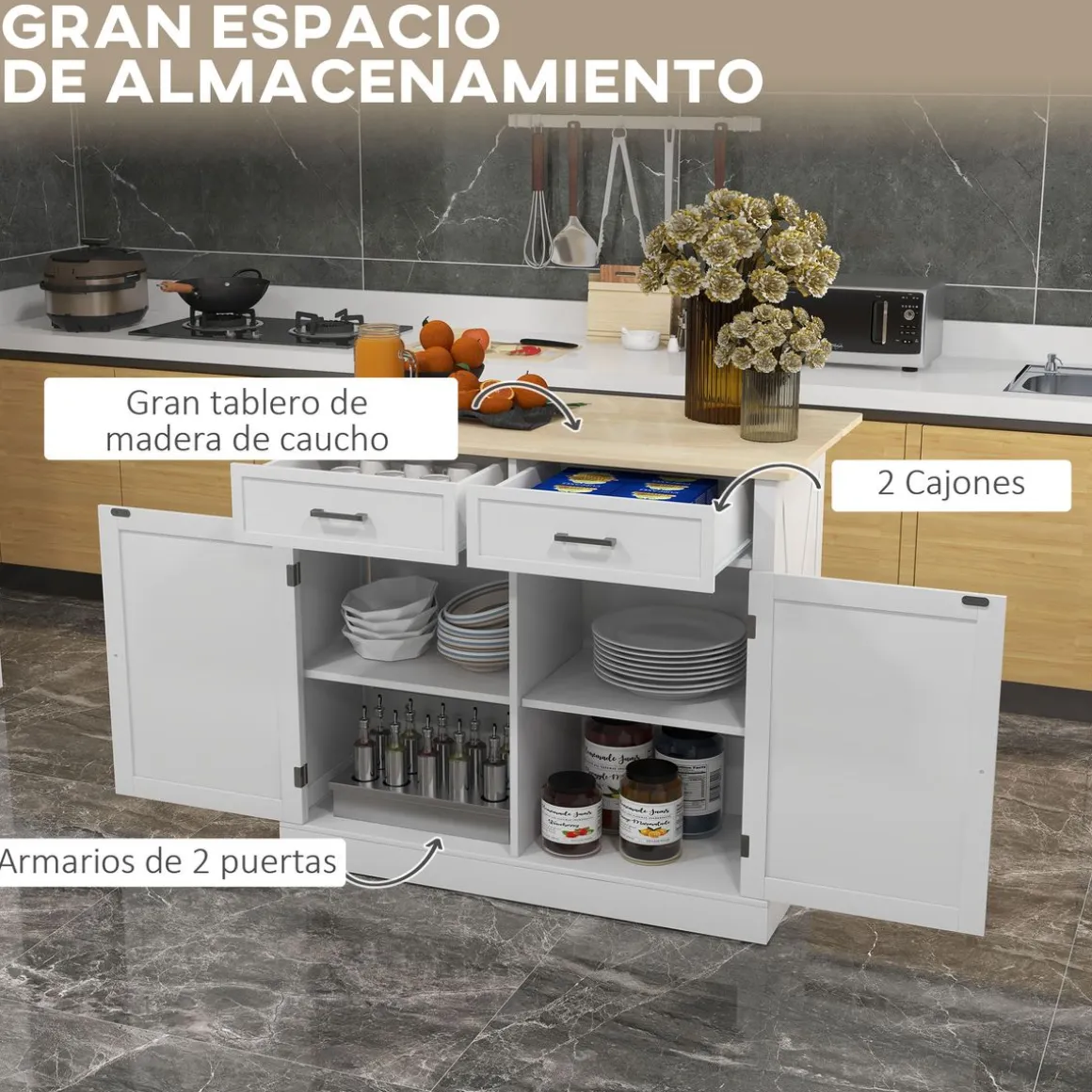 Isla de cocina Diluvio Homcom con encimera plegable 2 puertas + 2 cajones blanco 90,5x105x60 cm