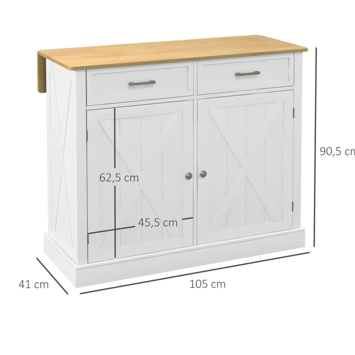 Isla de cocina Diluvio Homcom con encimera plegable 2 puertas + 2 cajones blanco 90,5x105x60 cm