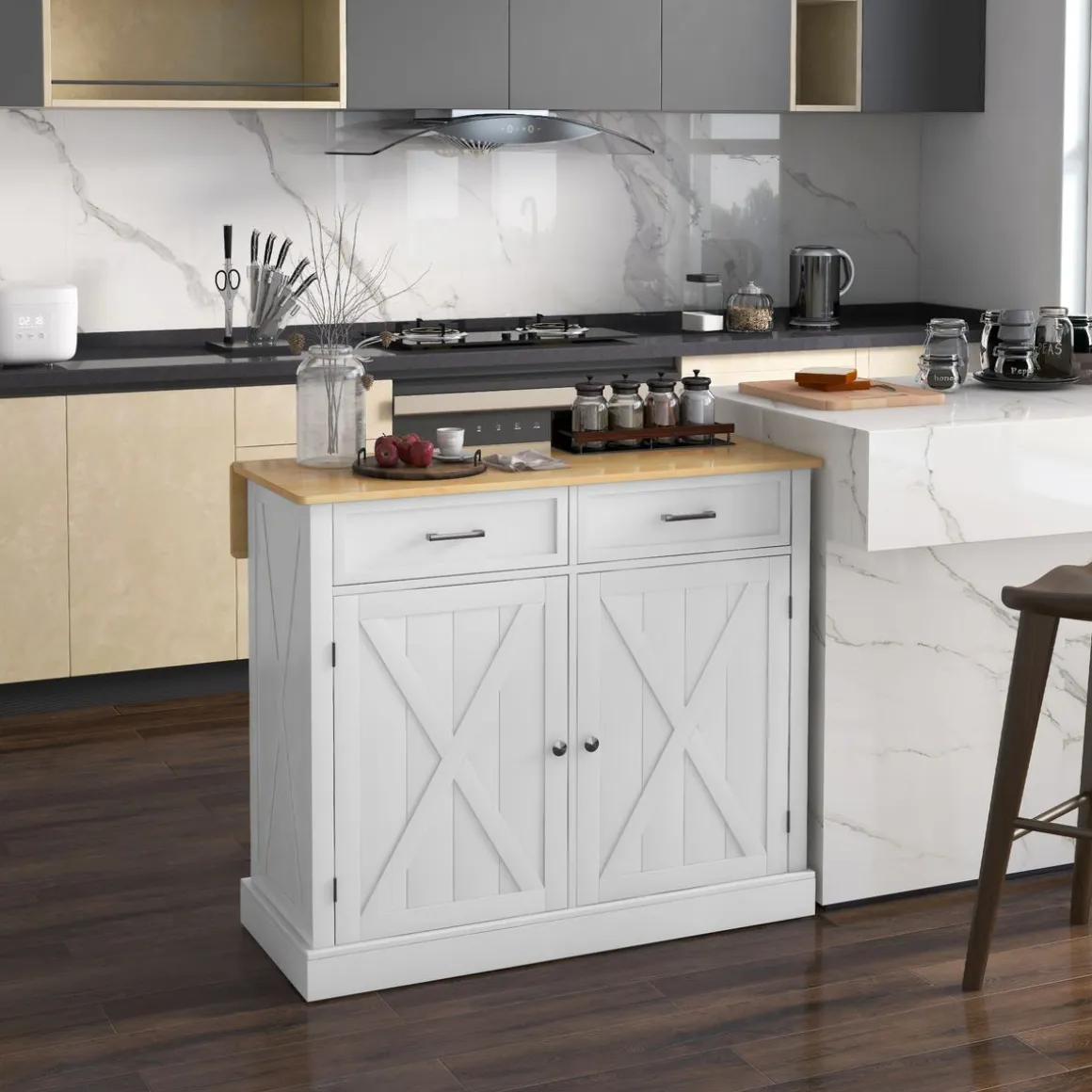 Isla de cocina Diluvio Homcom con encimera plegable 2 puertas + 2 cajones blanco 90,5x105x60 cm