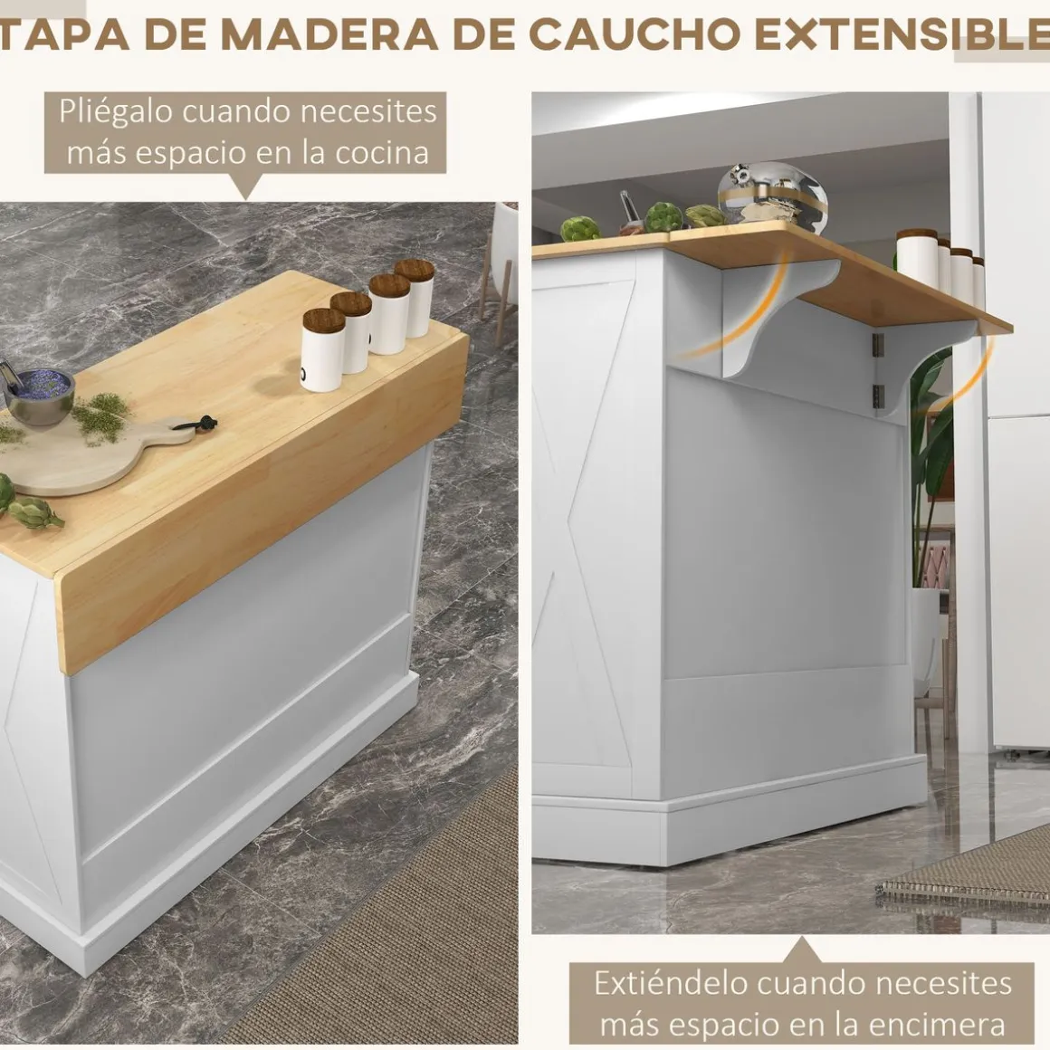 Isla de cocina Diluvio Homcom con encimera plegable 2 puertas + 2 cajones blanco 90,5x105x60 cm