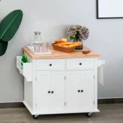 Isla de cocina Homcom 2 cajones 4 puertas especiero barra lateral blanco 82,5x111x44,5 cm
