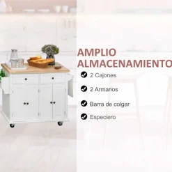 Isla de cocina Homcom 2 cajones 4 puertas especiero barra lateral blanco 82,5x111x44,5 cm