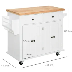 Isla de cocina Homcom 2 cajones 4 puertas especiero barra lateral blanco 82,5x111x44,5 cm