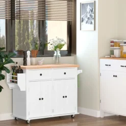 Isla de cocina Homcom 2 cajones 4 puertas especiero barra lateral blanco 82,5x111x44,5 cm