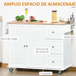 Isla de cocina Kalos Homcom extensible con ruedas blanco 92,5x128,8x75,5 cm