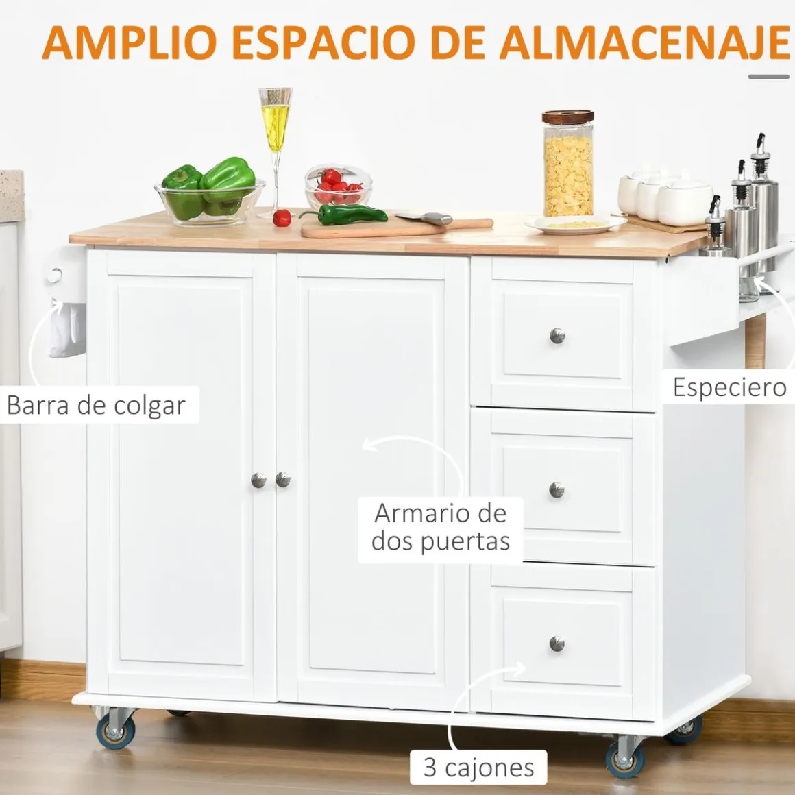 Isla de cocina Kalos Homcom extensible con ruedas blanco 92,5x128,8x75,5 cm