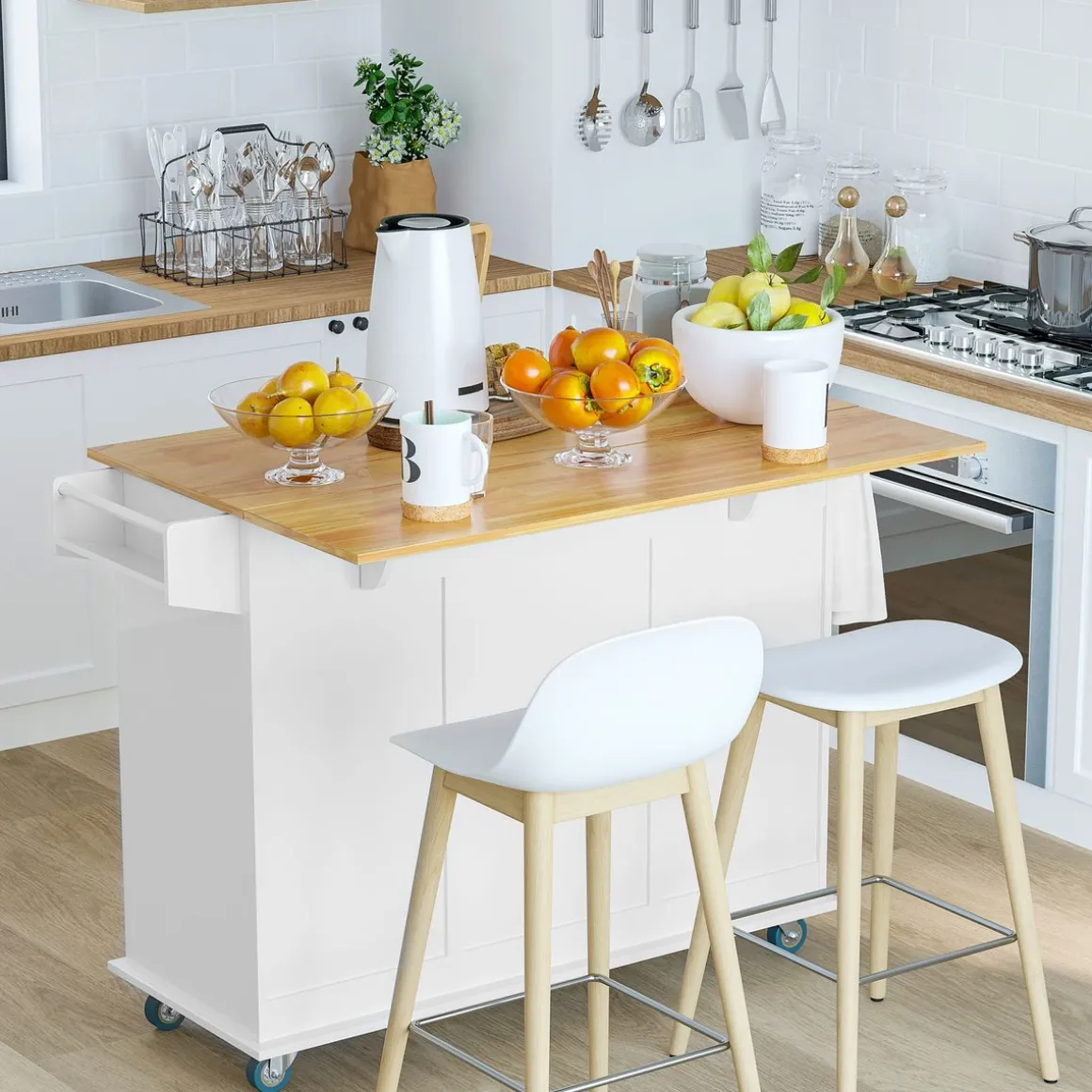 Isla de cocina Kalos Homcom extensible con ruedas blanco 92,5x128,8x75,5 cm