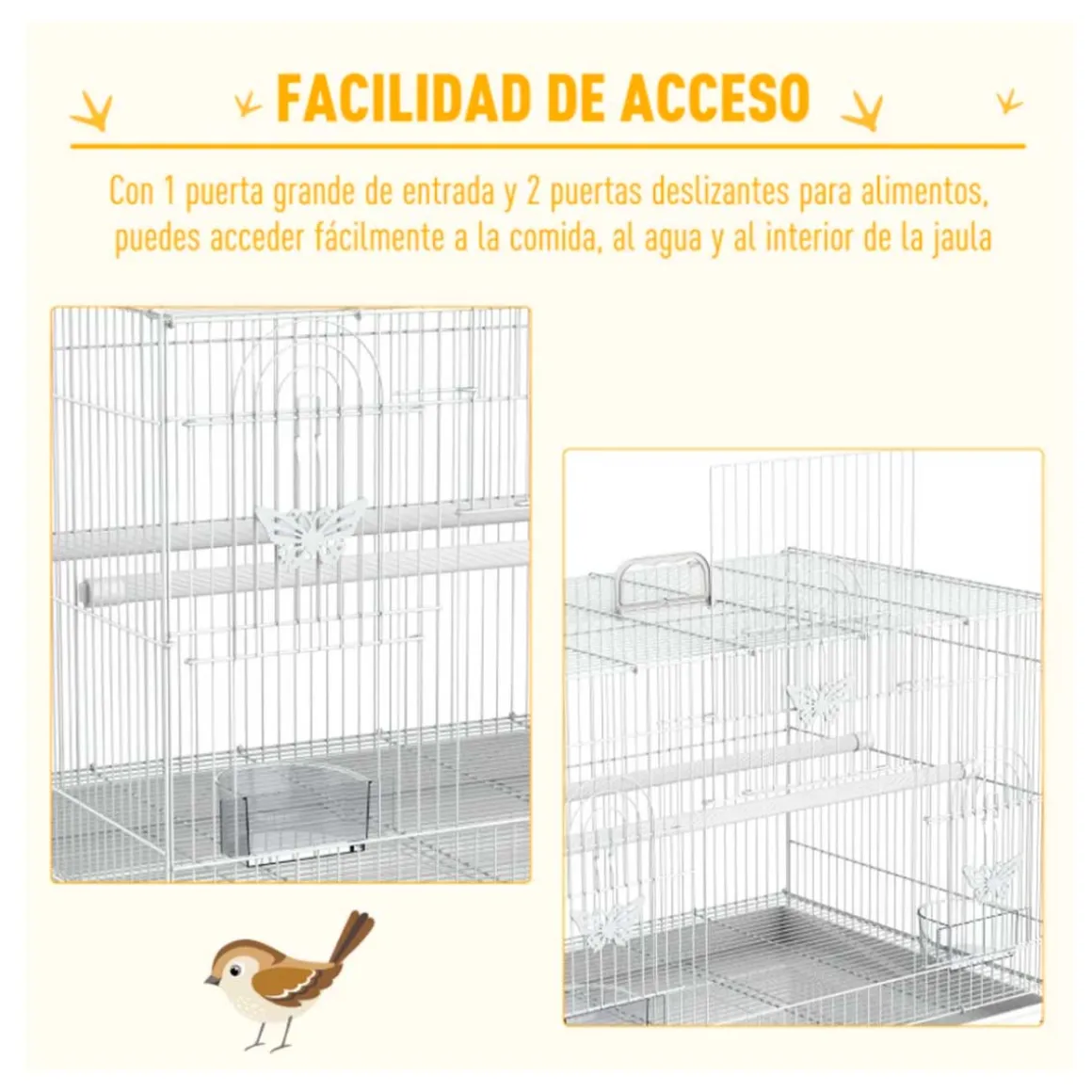Jaula para pájaros PawHut 3 puertas + 2 perchas blanco 41x60x41 cm