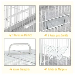 Jaula para pájaros PawHut 3 puertas + 2 perchas blanco 41x60x41 cm