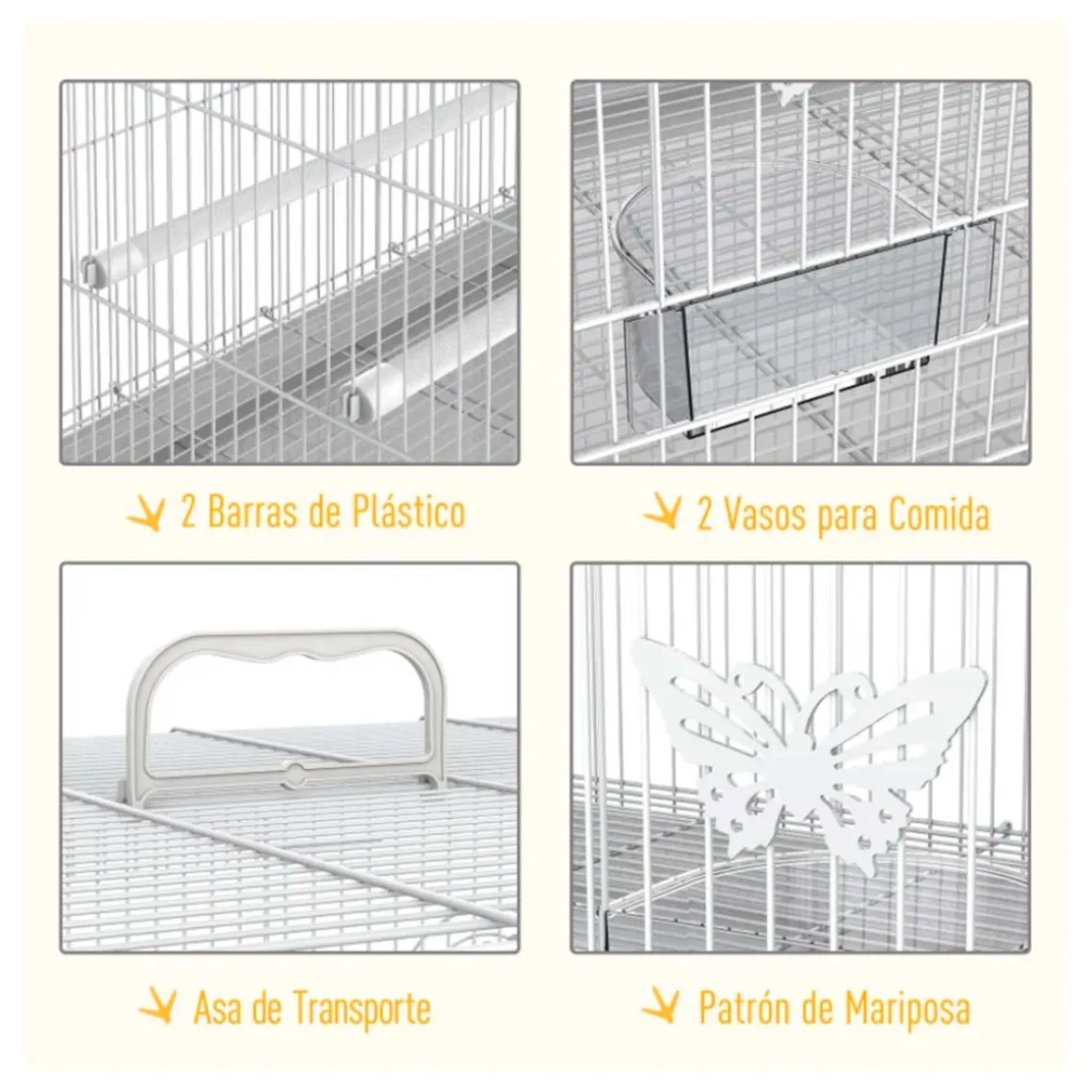Jaula para pájaros PawHut 3 puertas + 2 perchas blanco 41x60x41 cm