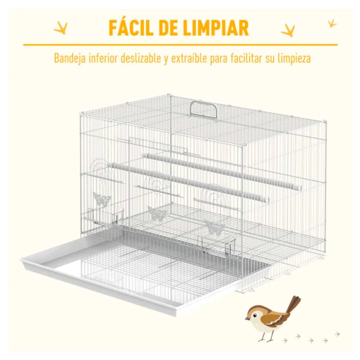 Jaula para pájaros PawHut 3 puertas + 2 perchas blanco 41x60x41 cm