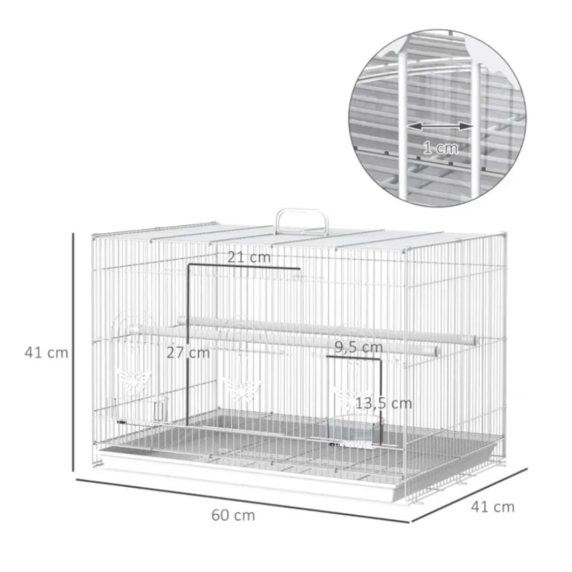 Jaula para pájaros PawHut 3 puertas + 2 perchas blanco 41x60x41 cm