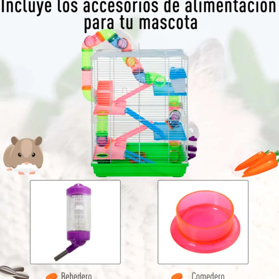 Jaula para roedores PawHut 5 plantas con escalera + rueda + túnel verde/blanco 58x46x30 cm
