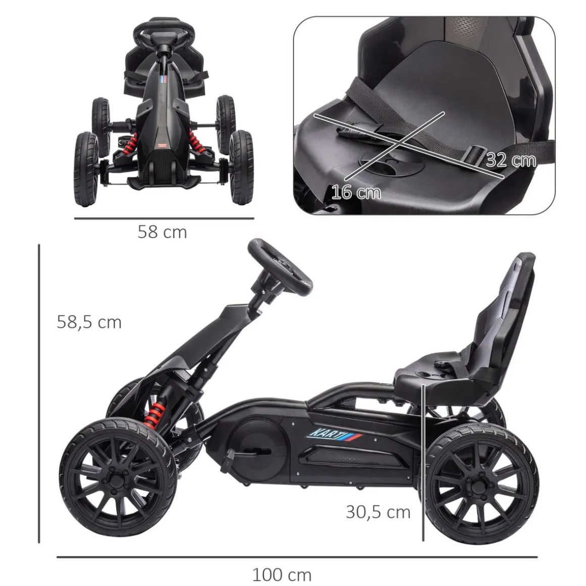 Kart infantil a pedales Go Kart Homcom altura regulable negro 58,5x58x100 cm