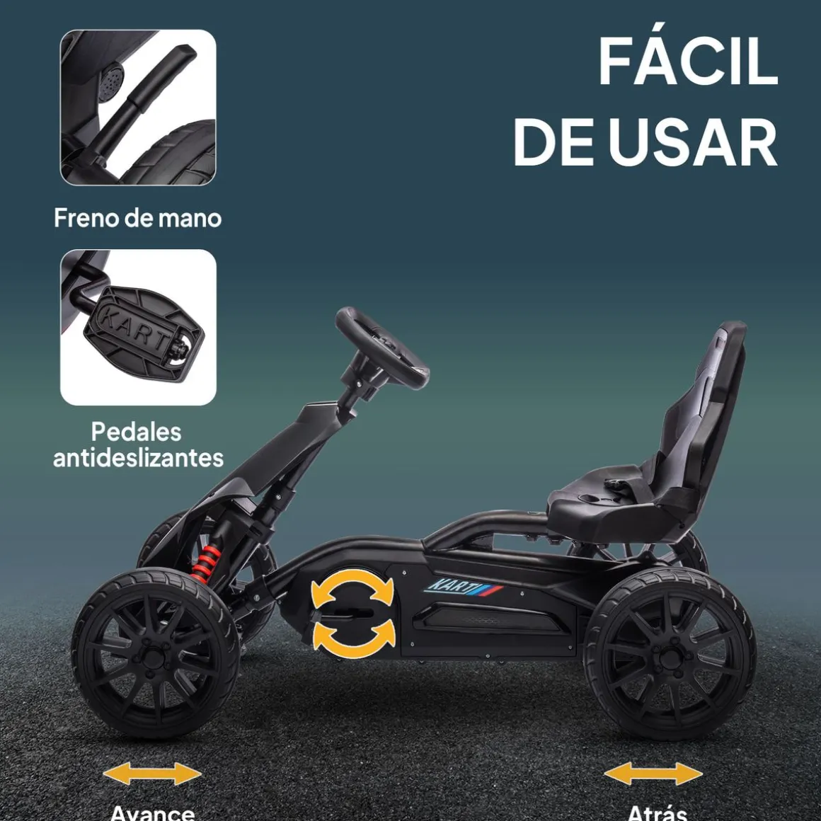 Kart infantil a pedales Go Kart Homcom altura regulable negro 58,5x58x100 cm
