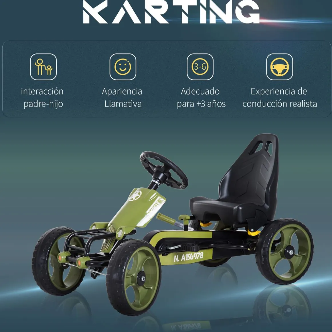 Kart infantil a pedales Homcom con asiento regulable +3A verde 61x105x54 cm