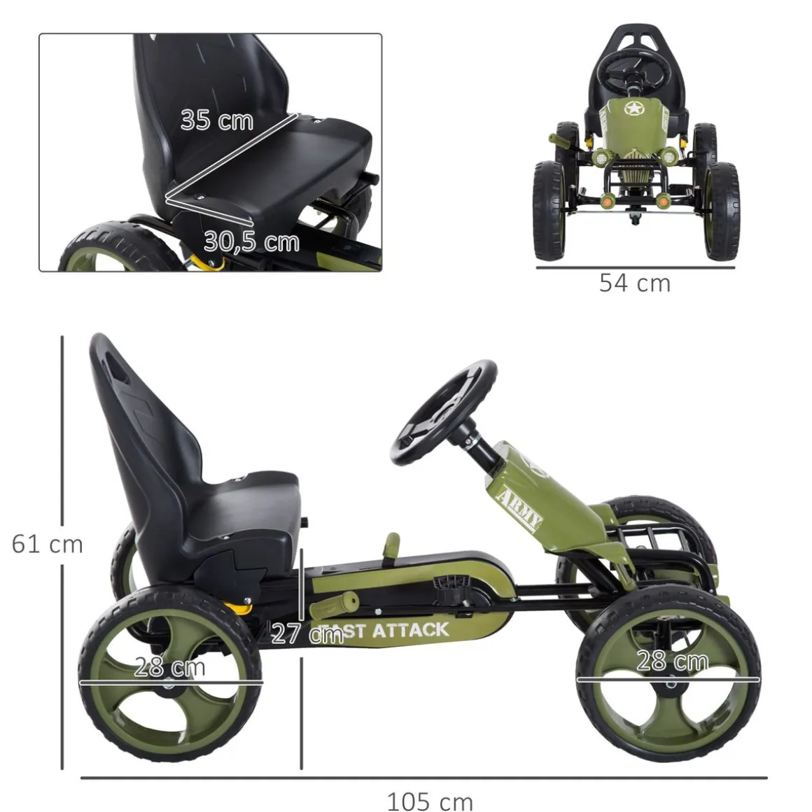 Kart infantil a pedales Homcom con asiento regulable +3A verde 61x105x54 cm