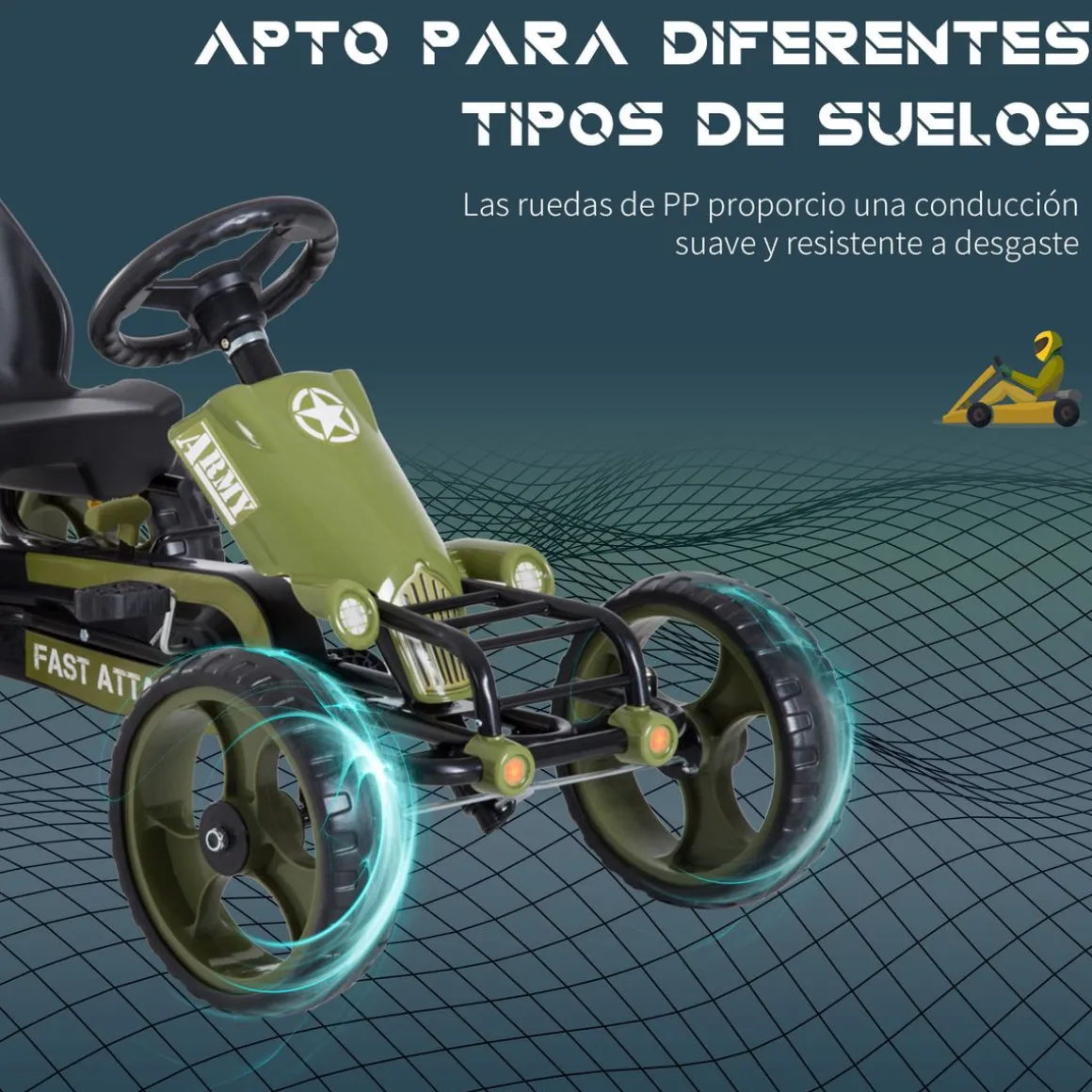 Kart infantil a pedales Homcom con asiento regulable +3A verde 61x105x54 cm