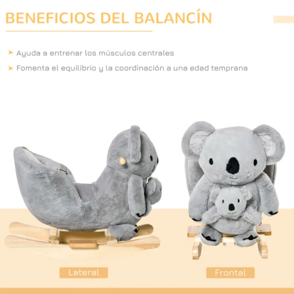 Koala balancín infantil Homcom con títere y sonidos +18M gris 50x33x60 cm