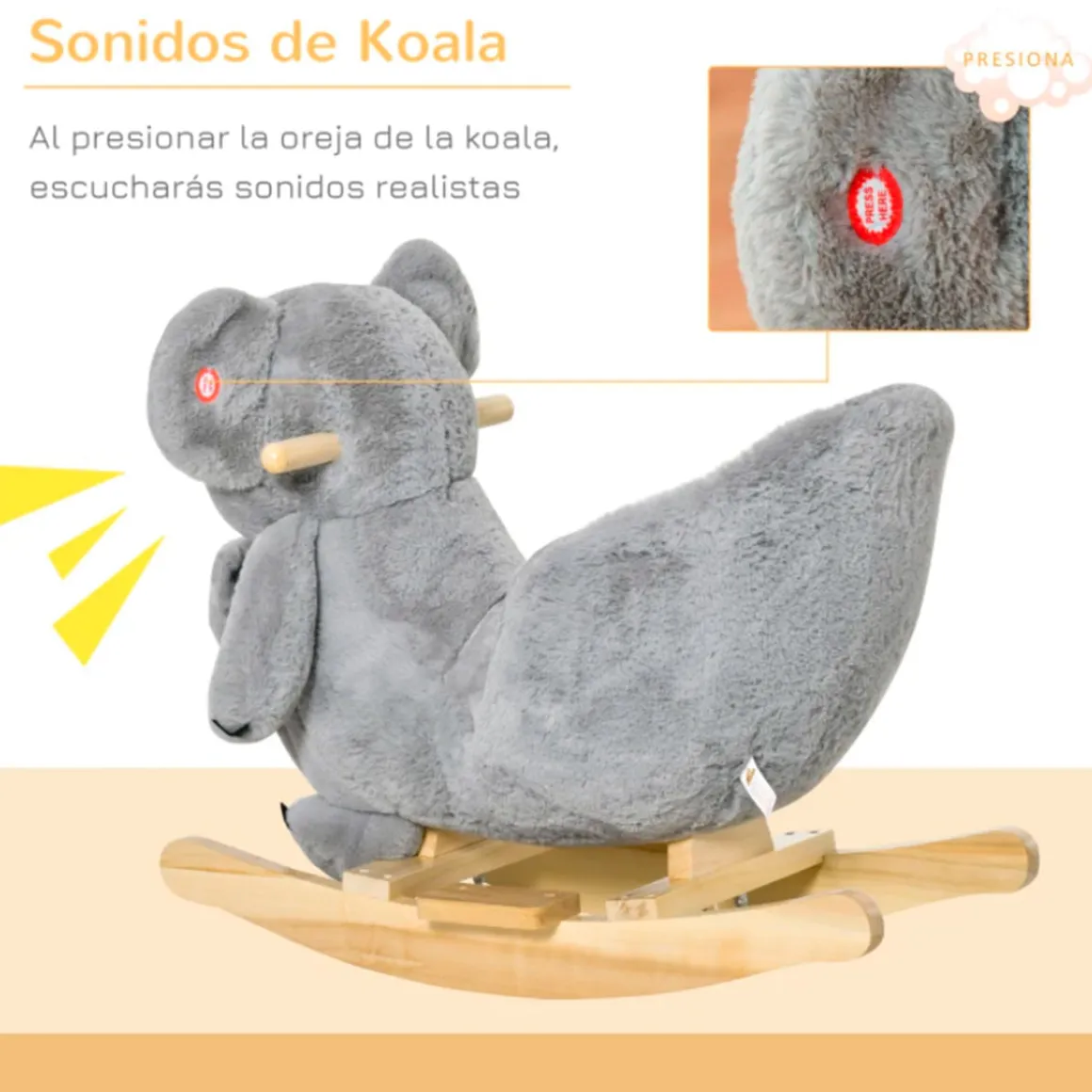 Koala balancín infantil Homcom con títere y sonidos +18M gris 50x33x60 cm