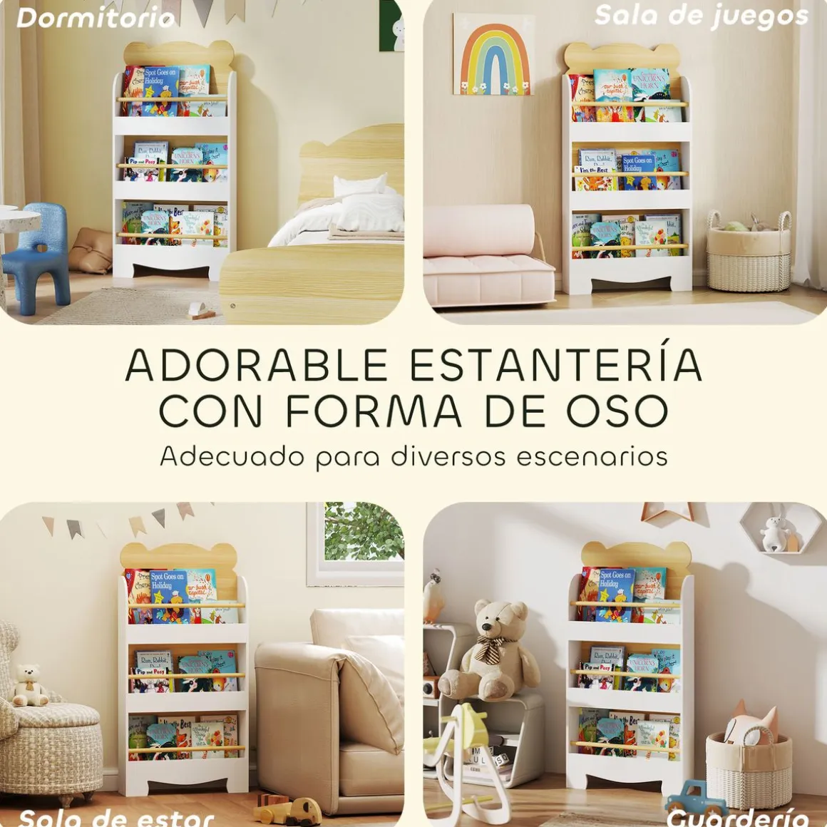 Librería infantil Osito Aiyaplay 3 niveles blanco/natural 110x55x15 cm