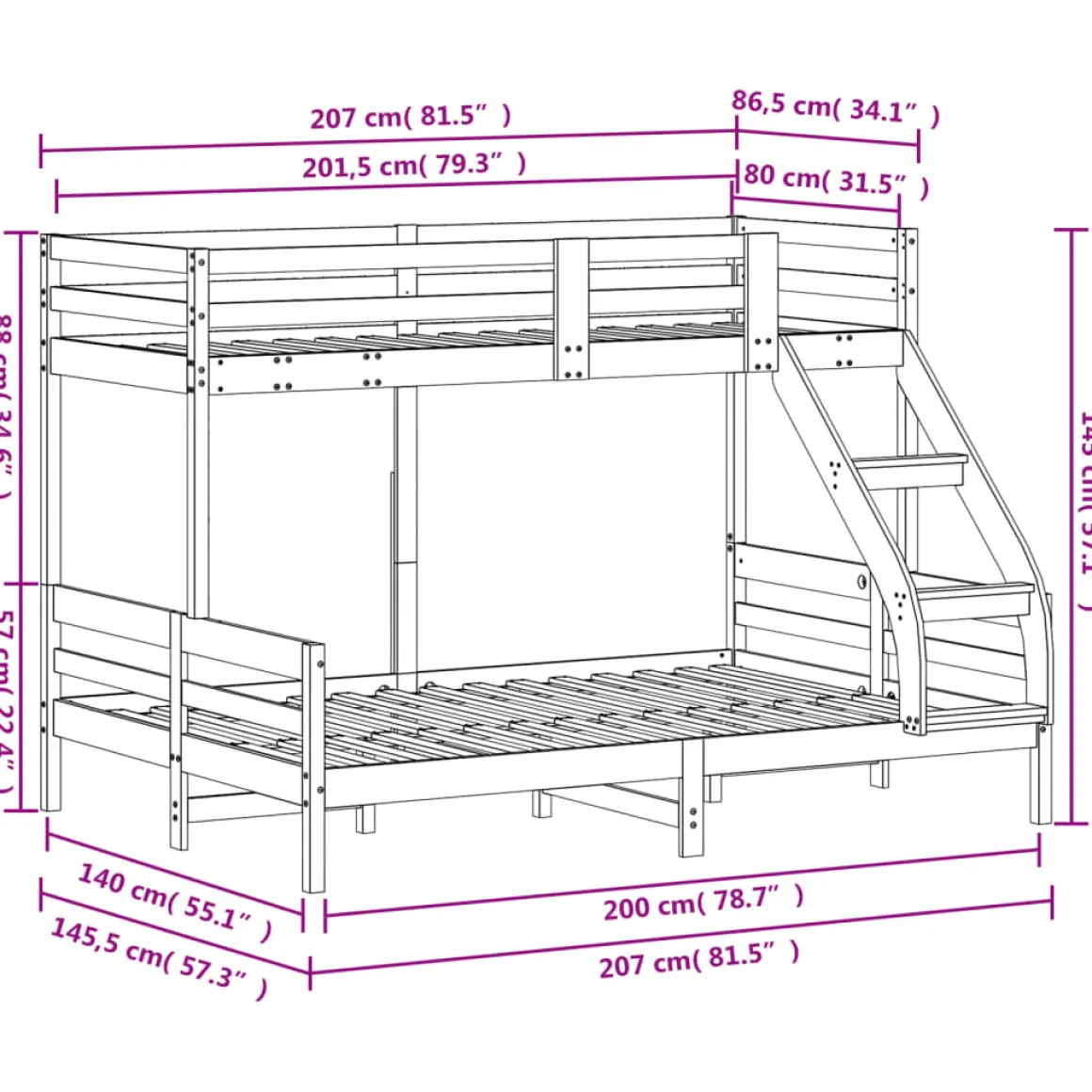 Litera Sorte 2 camas madera maciza 80x200/140x200 cm