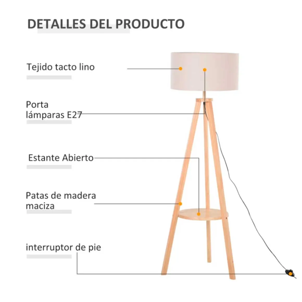 Lámpara de pie Homcom con estante inferior E27 beige/natural 154 cm