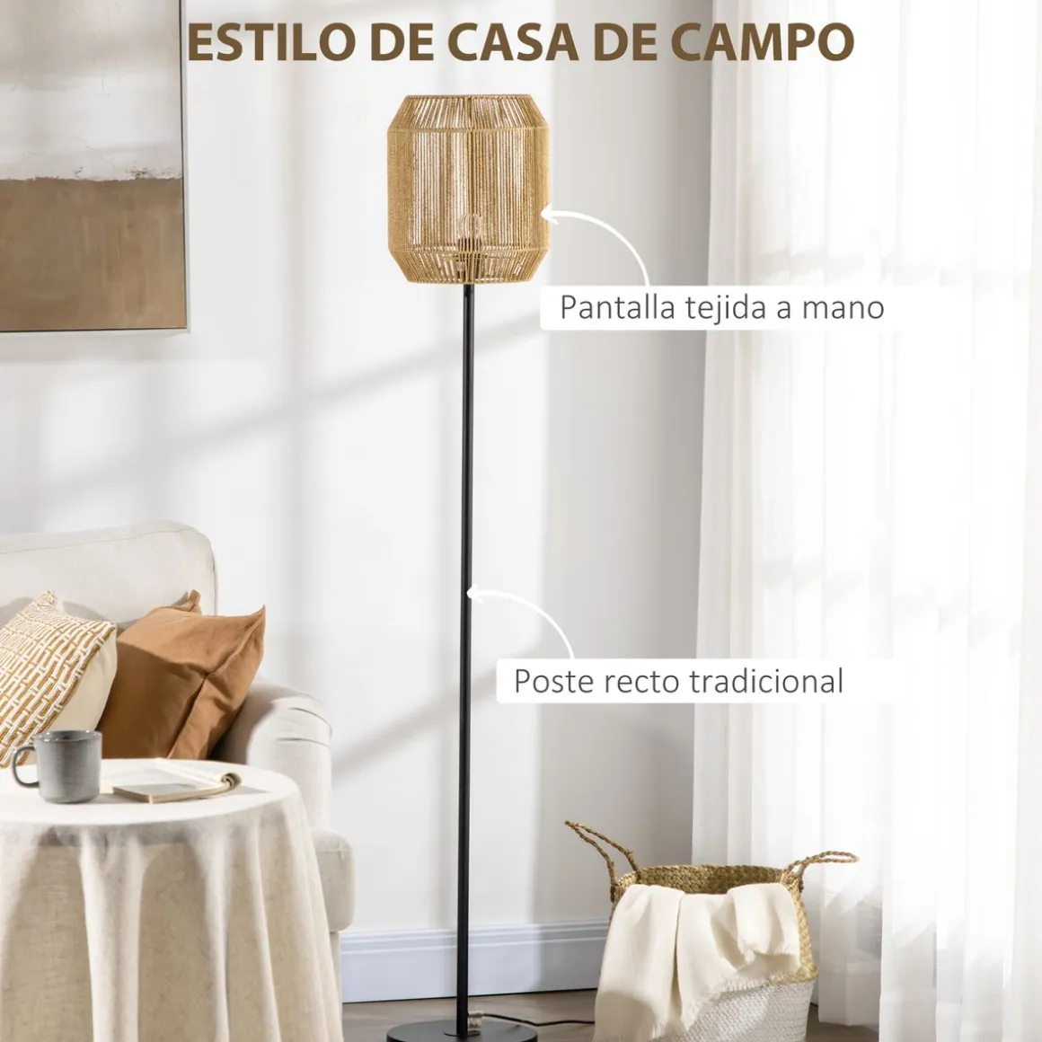 Lámpara de pie Homcom Hércules 40W E27 pantalla de cuerda de papel Ø26x158 cm negro