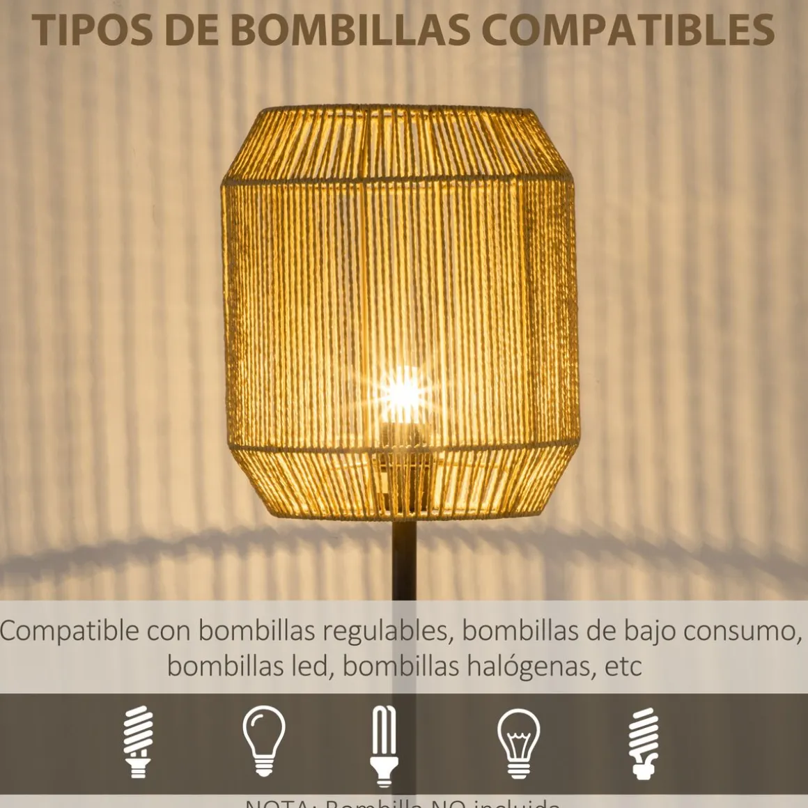 Lámpara de pie Homcom Hércules 40W E27 pantalla de cuerda de papel Ø26x158 cm negro