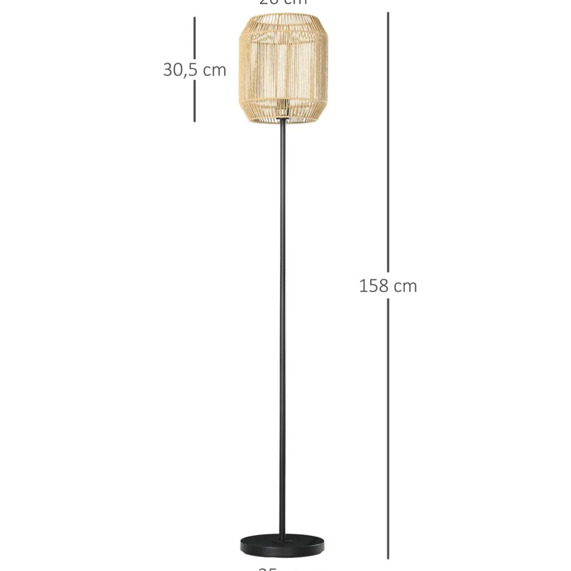 Lámpara de pie Homcom Hércules 40W E27 pantalla de cuerda de papel Ø26x158 cm negro