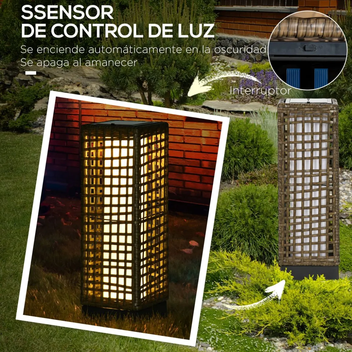 Lámpara solar Hawai Outsunny luces LED exterior marrón 46x15,5x15,5 cm