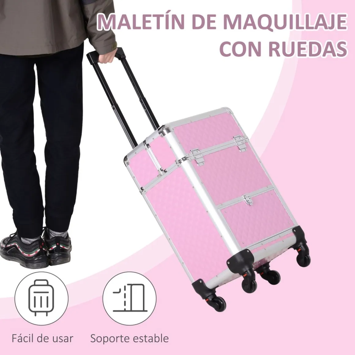 Maletín de maquillaje Homcom ruedas + asa 62x34x25 cm