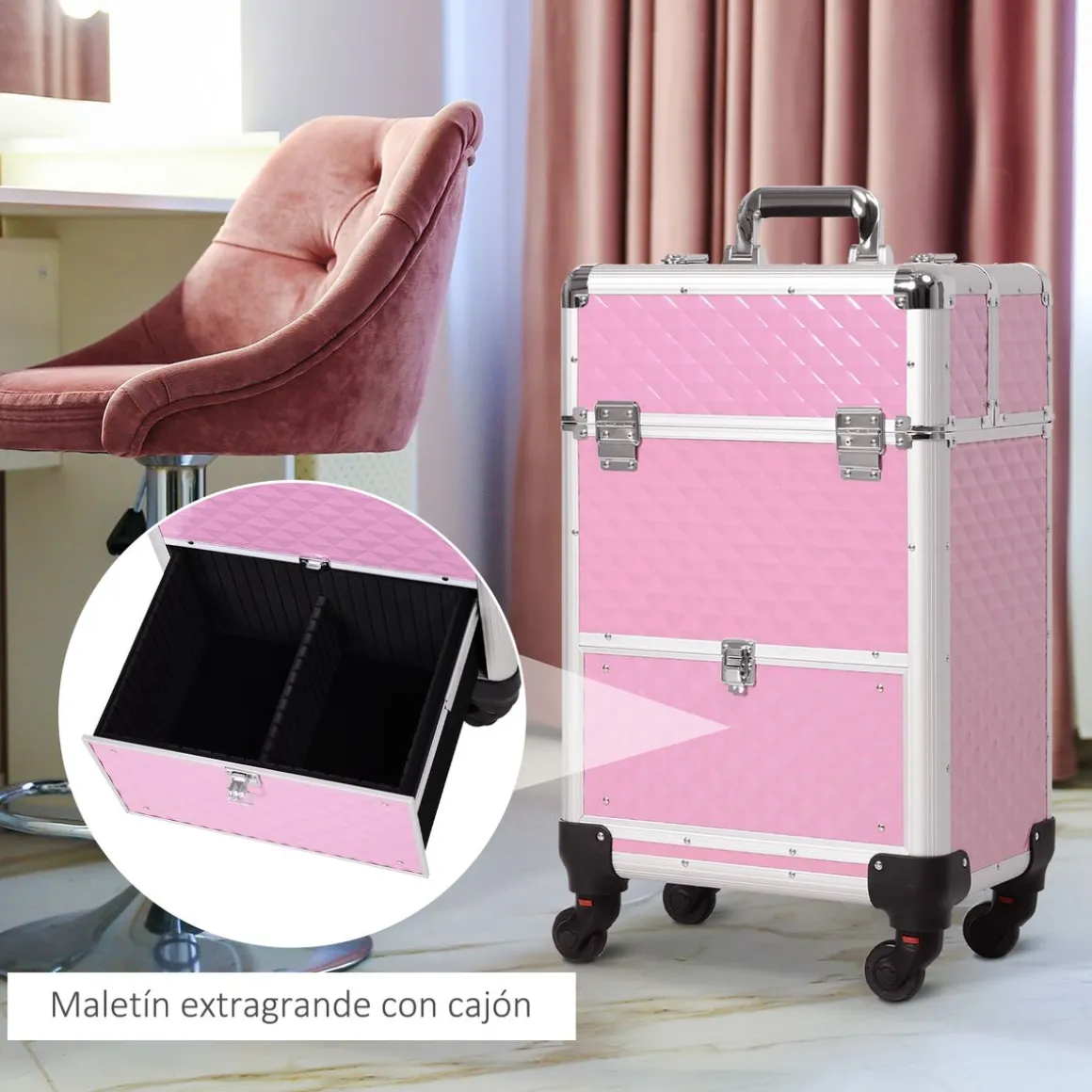 Maletín de maquillaje Homcom ruedas + asa 62x34x25 cm