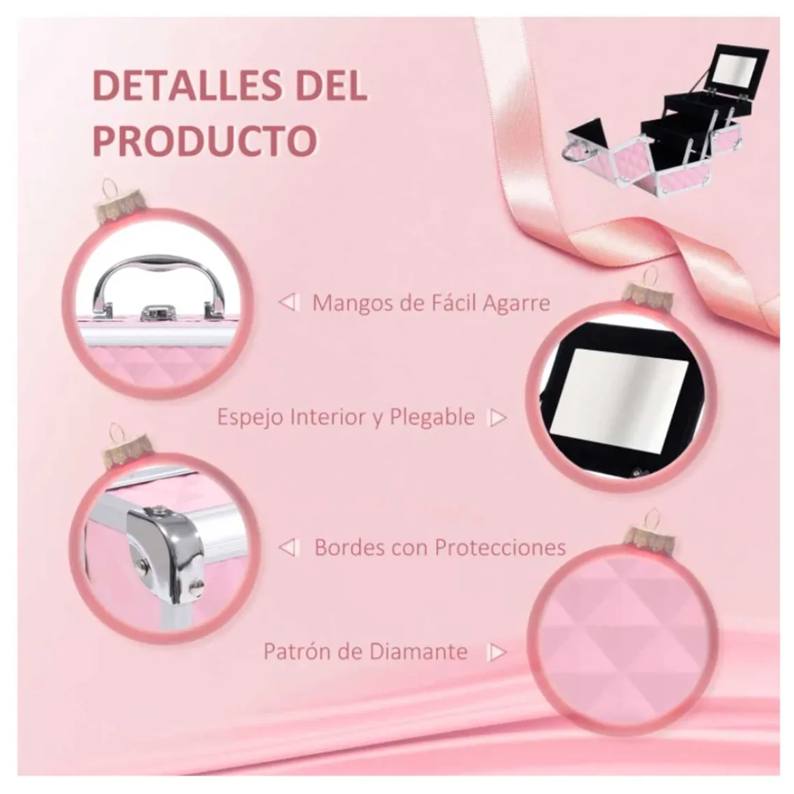 Maletín de maquillaje profesional Homcom 3 niveles rosa 15x20x15 cm
