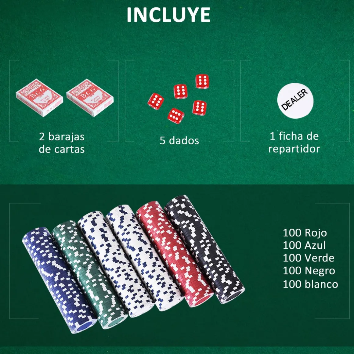 Maletín de póker Homcom 500 fichas 5 dados + 2 barajas + 1 ficha crupier multicolor 6,5x55,5x22 cm