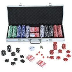 Maletín de póker Homcom 500 fichas 5 dados + 2 barajas + 1 ficha crupier multicolor 6,5x55,5x22 cm