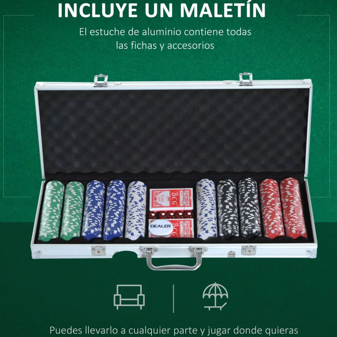 Maletín de póker Homcom 500 fichas 5 dados + 2 barajas + 1 ficha crupier multicolor 6,5x55,5x22 cm