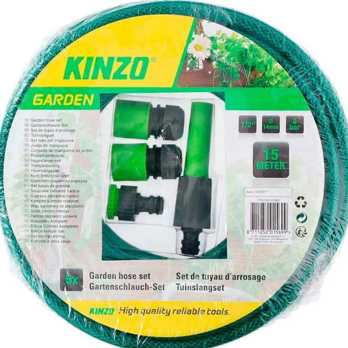 Manguera Kinzo con 4 adaptadores verde 15 m