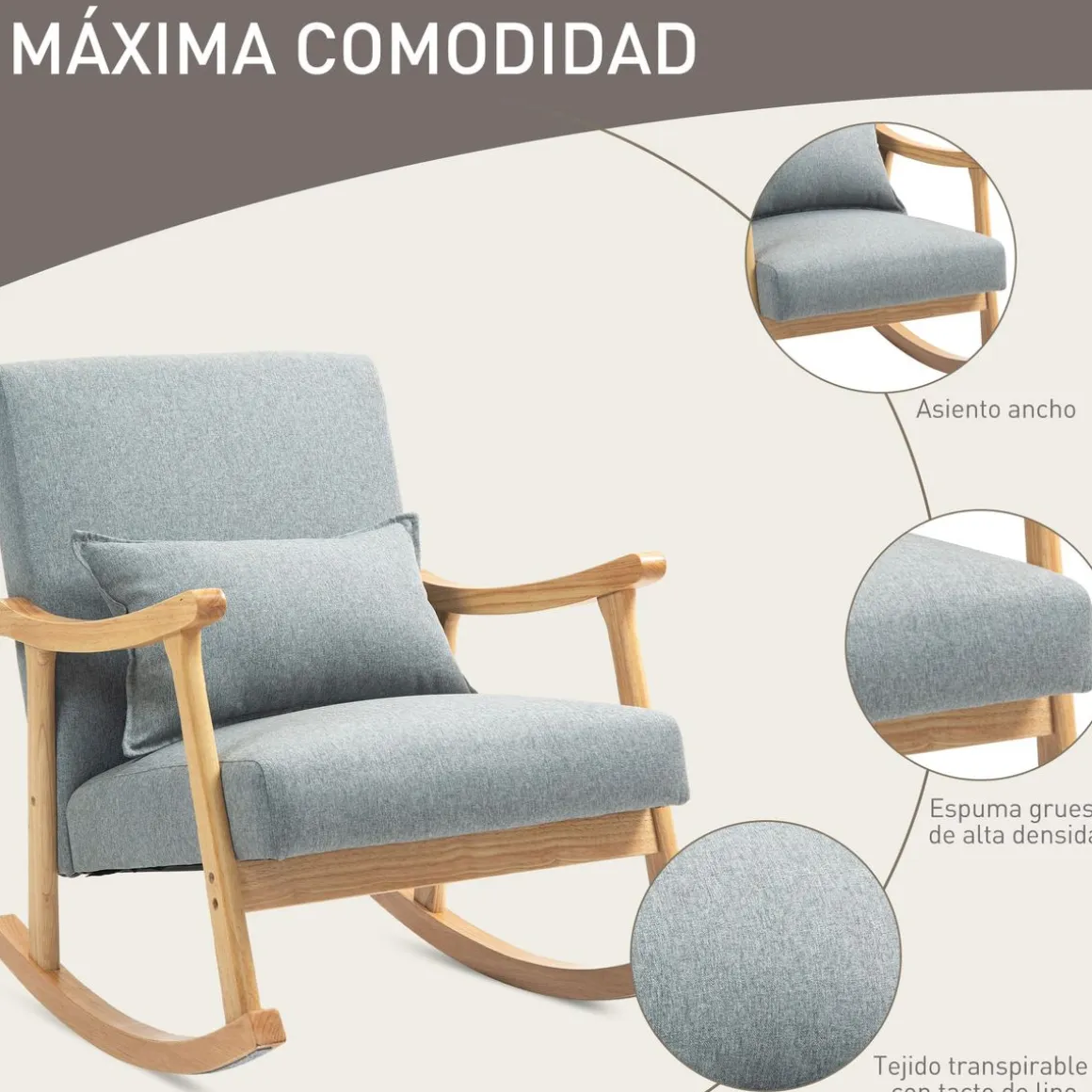 Mecedora Berta Homcom reposabrazos + cojín lumbar gris 84x65x87 cm