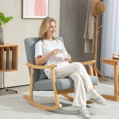 Mecedora Berta Homcom reposabrazos + cojín lumbar gris 84x65x87 cm