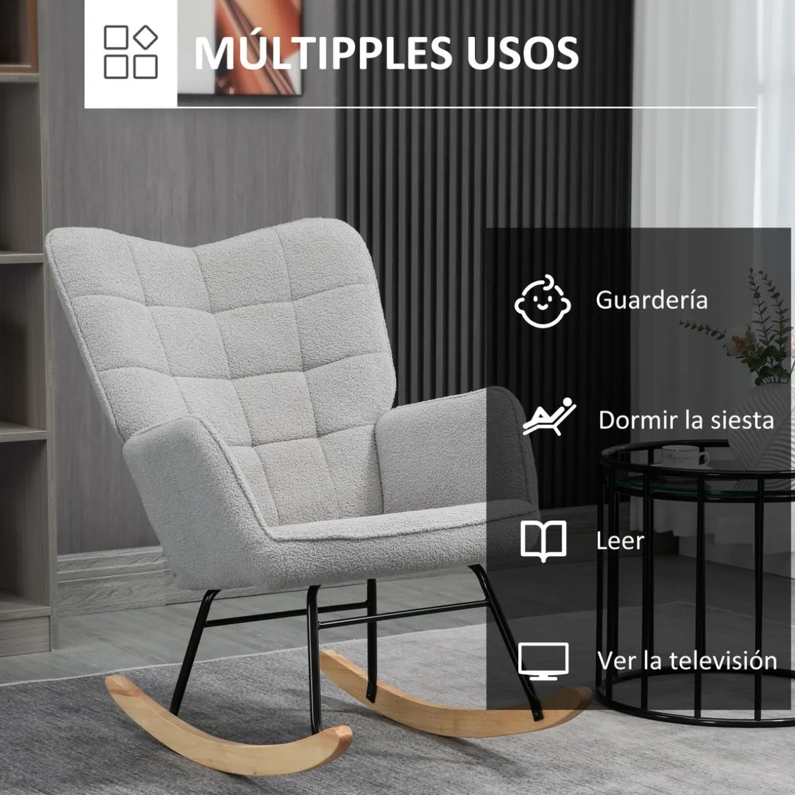 Mecedora Miko Homcom terciopelo patas de madera gris 101x71x92 cm