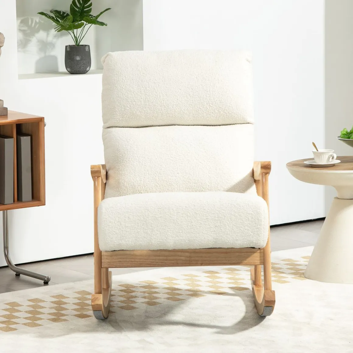 Mecedora Shava Homcom tapizado borrego con reposabrazos crema 98x65x90 cm