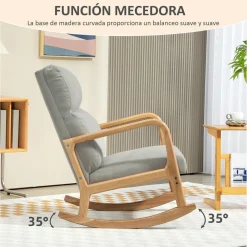 Mecedora Tánger Homcom respaldo acolchado + reposabrazos gris/natural 94,5x65x87 cm