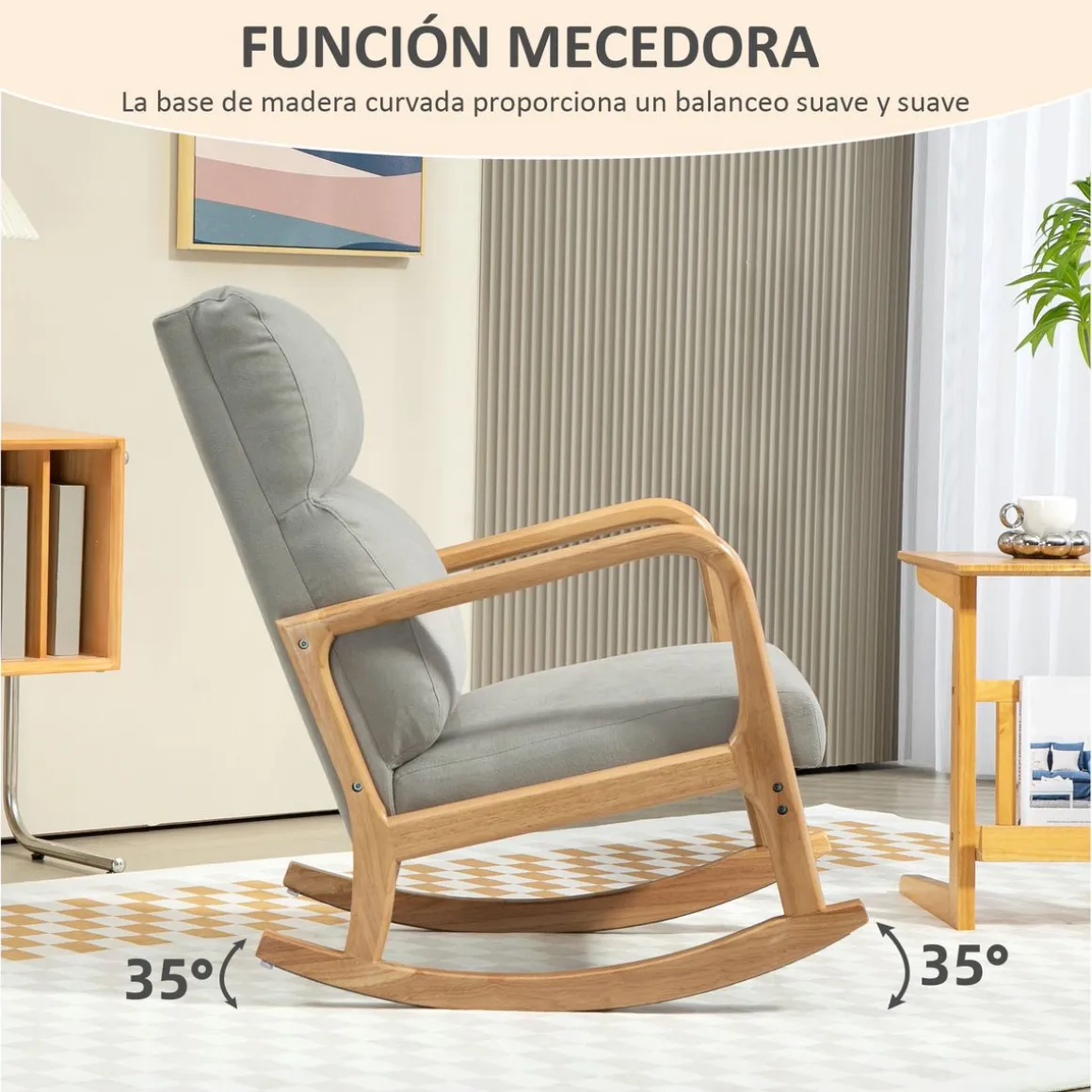 Mecedora Tánger Homcom respaldo acolchado + reposabrazos gris/natural 94,5x65x87 cm