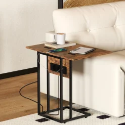 Mesa auxiliar Anhelo Homcom diseño plegable con estación de carga marrón 57x39x29 cm